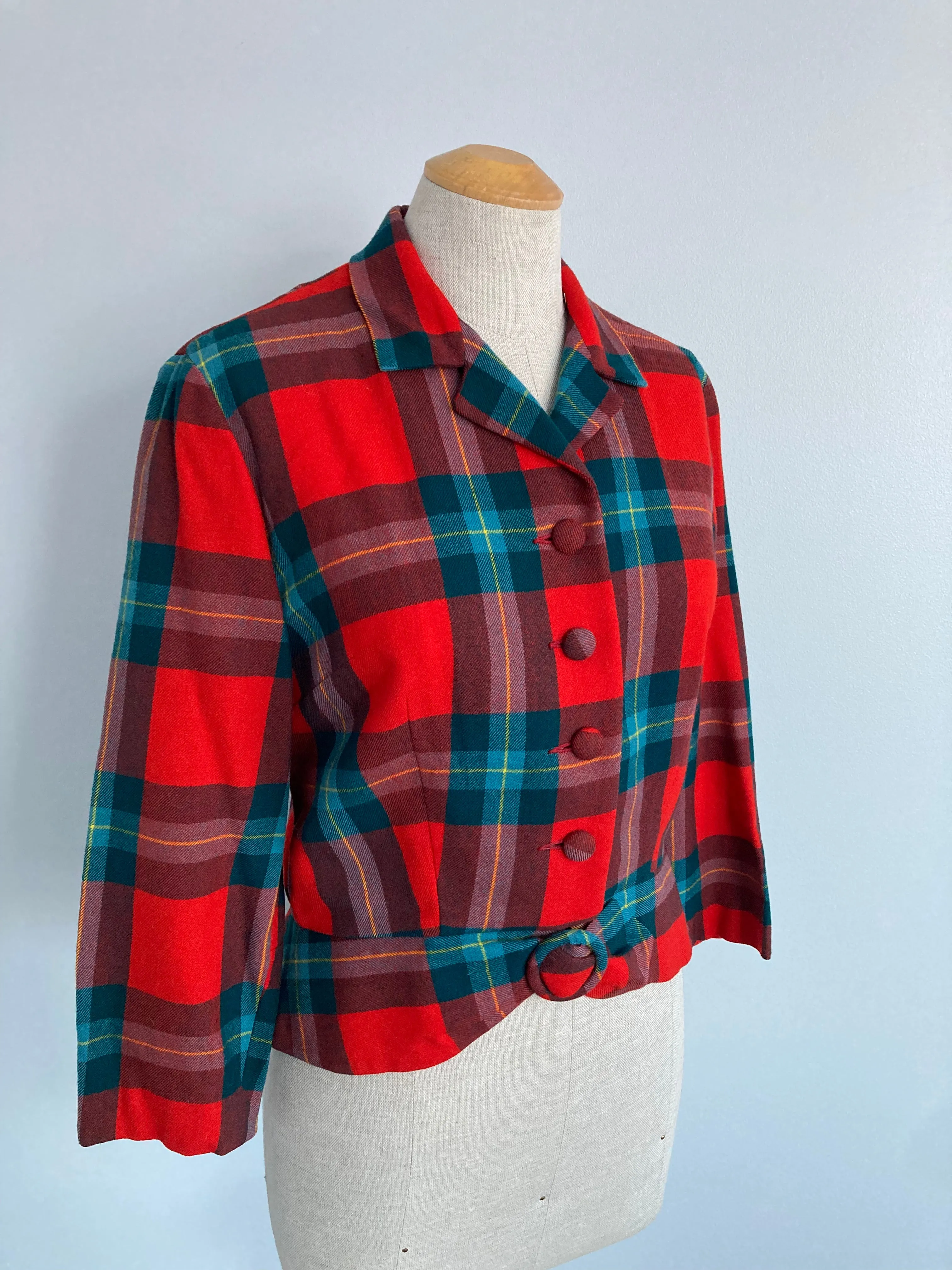 1950/60s Red Plaid Peplum Jacket/Blazer, Size M