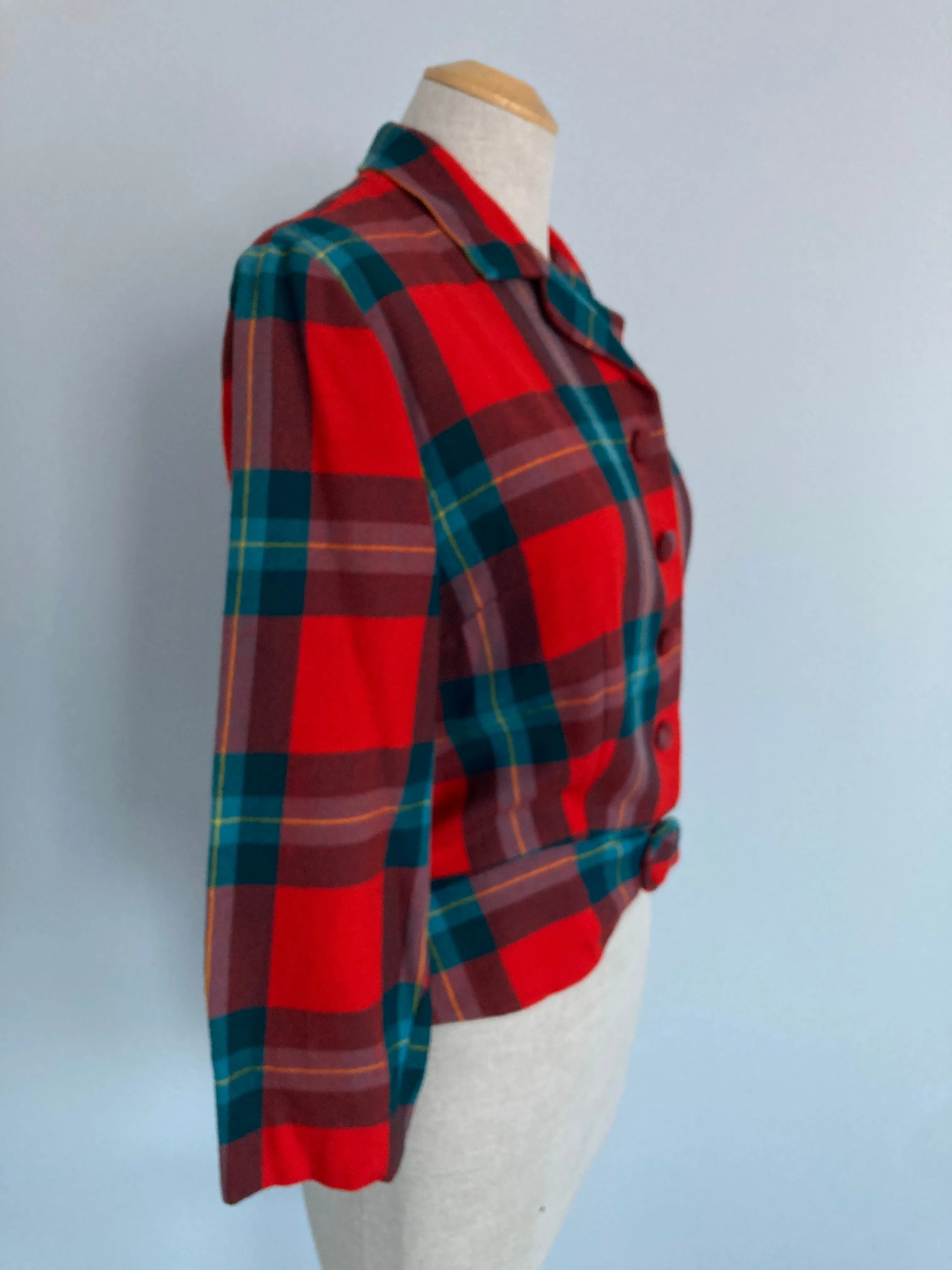 1950/60s Red Plaid Peplum Jacket/Blazer, Size M