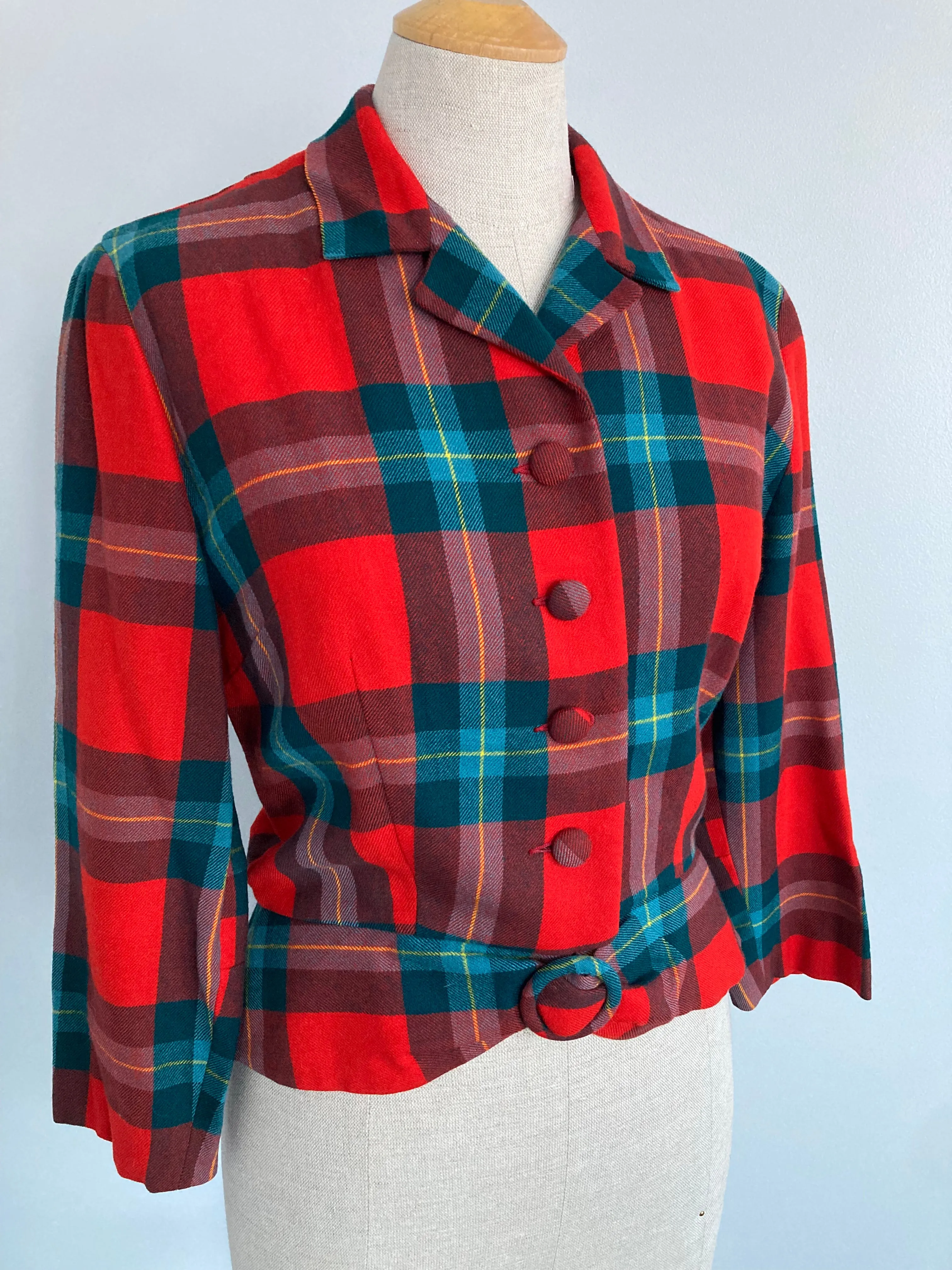 1950/60s Red Plaid Peplum Jacket/Blazer, Size M