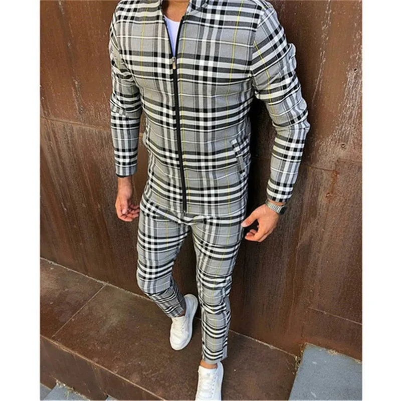 3d colorful plaid men sport zipper tracksuit set