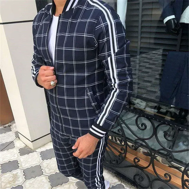 3d colorful plaid men sport zipper tracksuit set