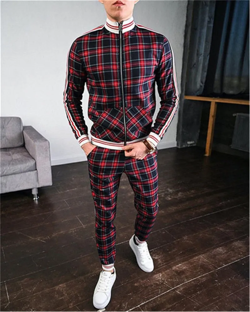 3d colorful plaid men sport zipper tracksuit set