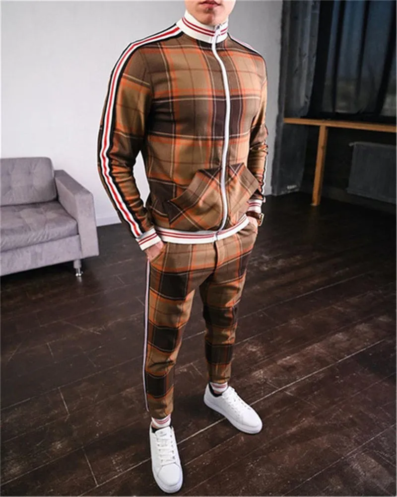 3d colorful plaid men sport zipper tracksuit set
