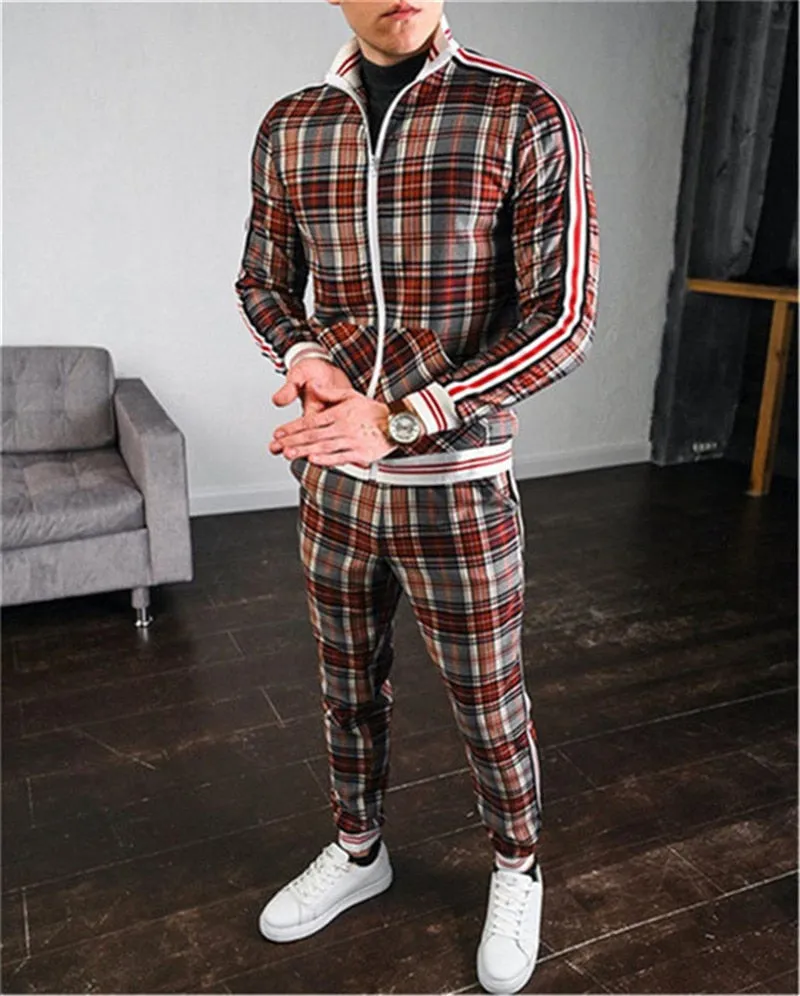 3d colorful plaid men sport zipper tracksuit set
