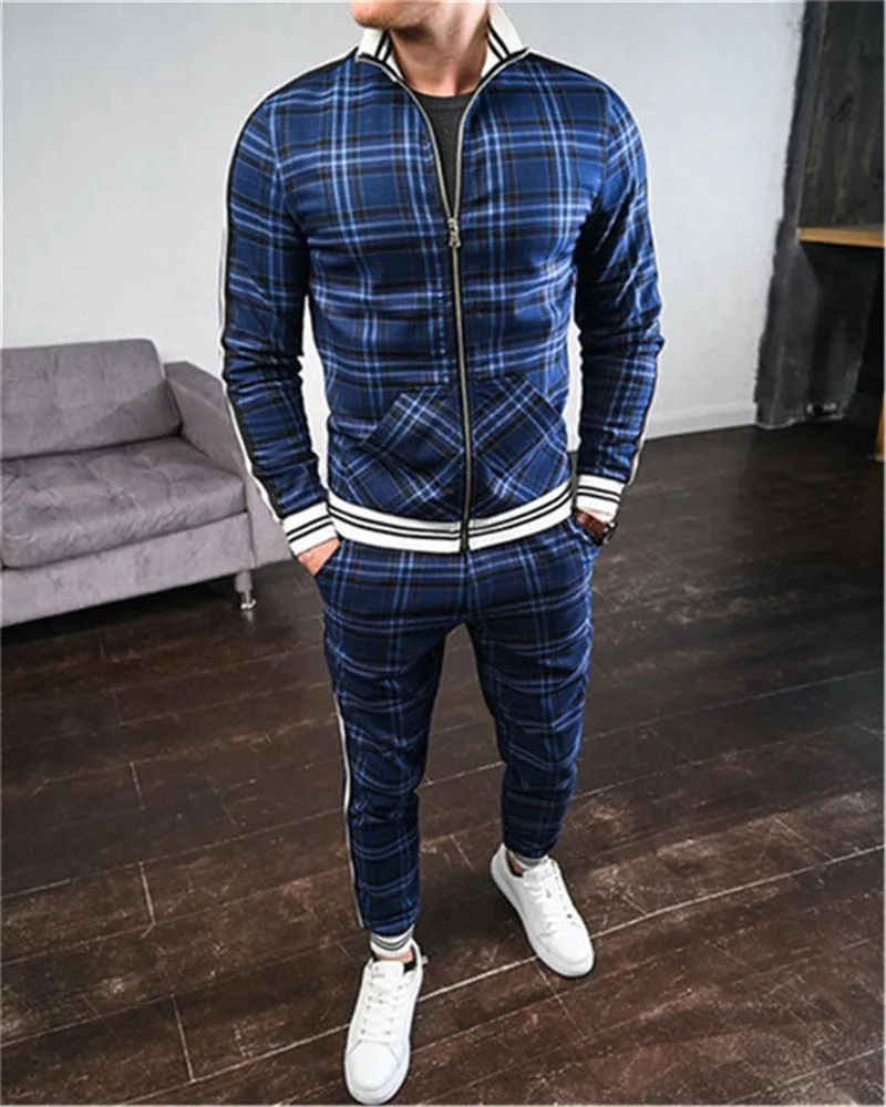 3d colorful plaid men sport zipper tracksuit set