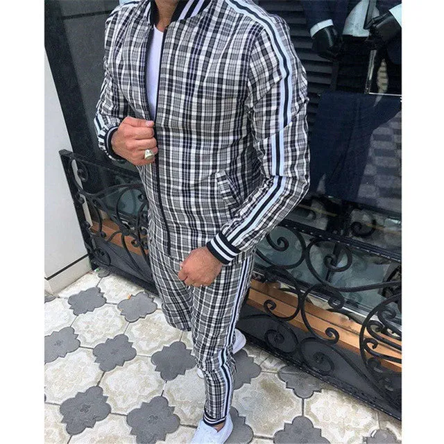 3d colorful plaid men sport zipper tracksuit set