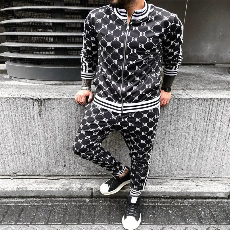 3d colorful plaid men sport zipper tracksuit set