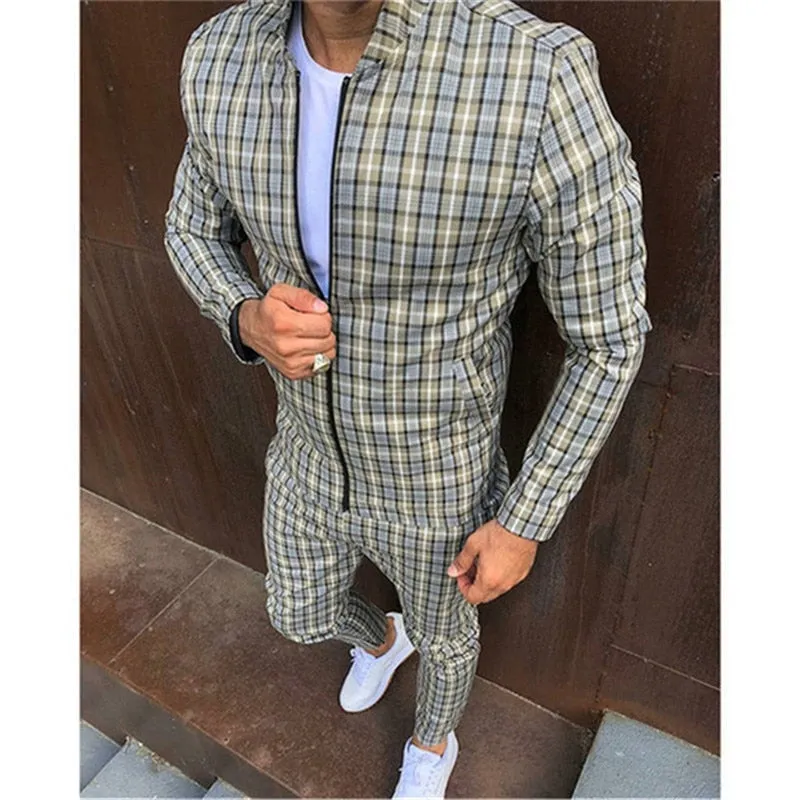 3d colorful plaid men sport zipper tracksuit set