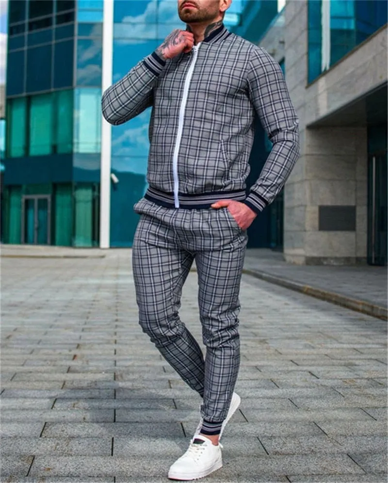 3d colorful plaid men sport zipper tracksuit set