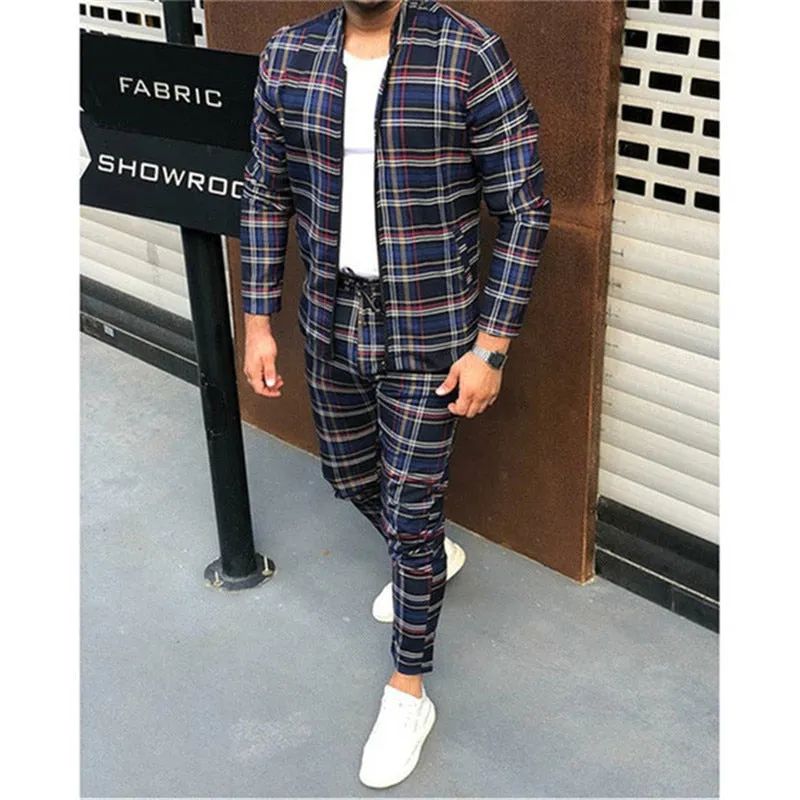 3d colorful plaid men sport zipper tracksuit set