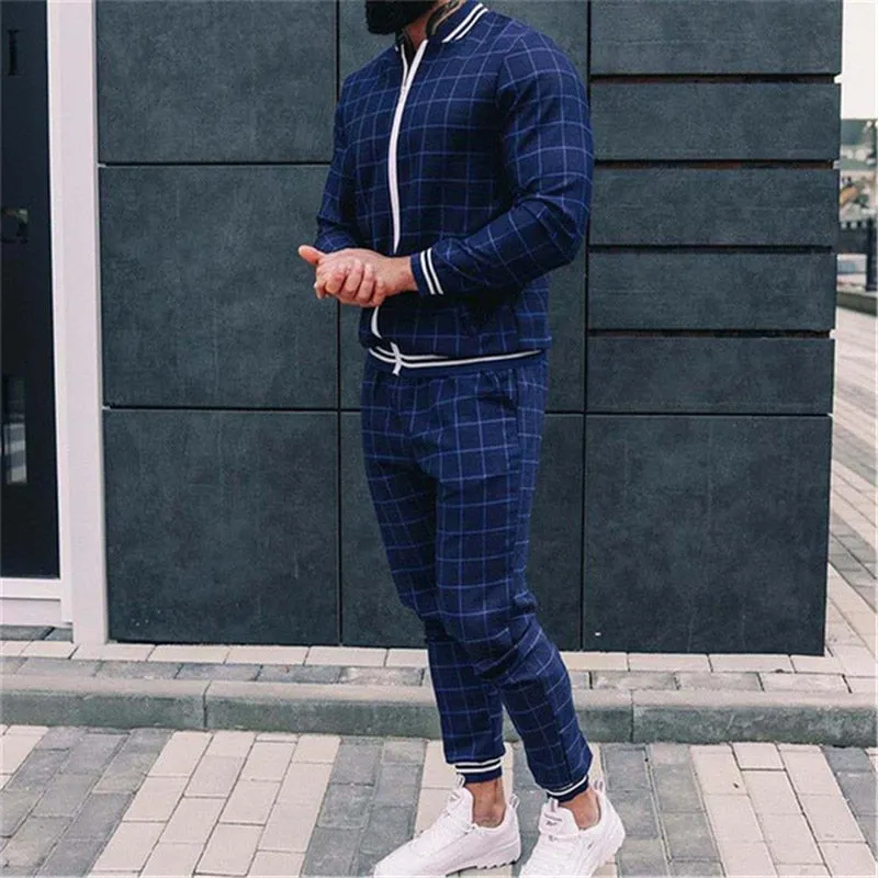 3d colorful plaid men sport zipper tracksuit set