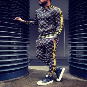 3d colorful plaid men sport zipper tracksuit set