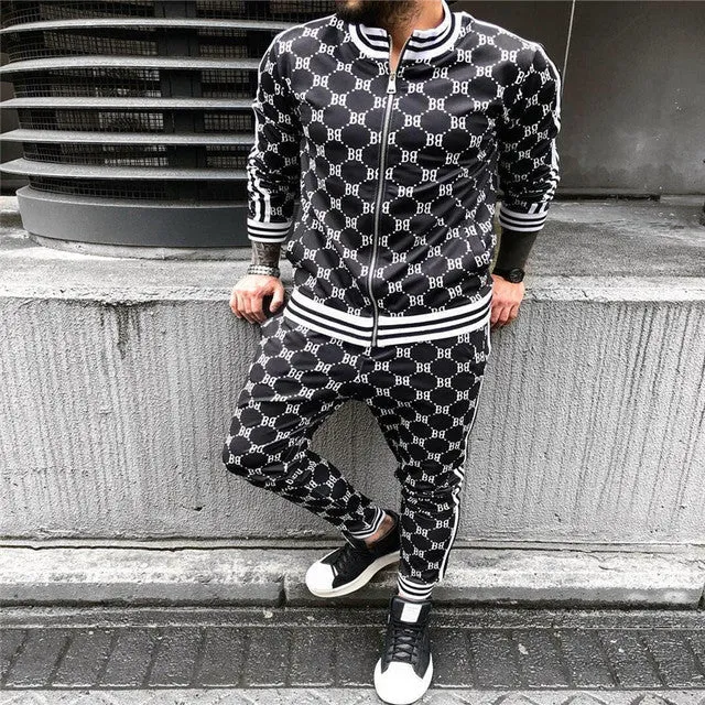 3d colorful plaid men sport zipper tracksuit set