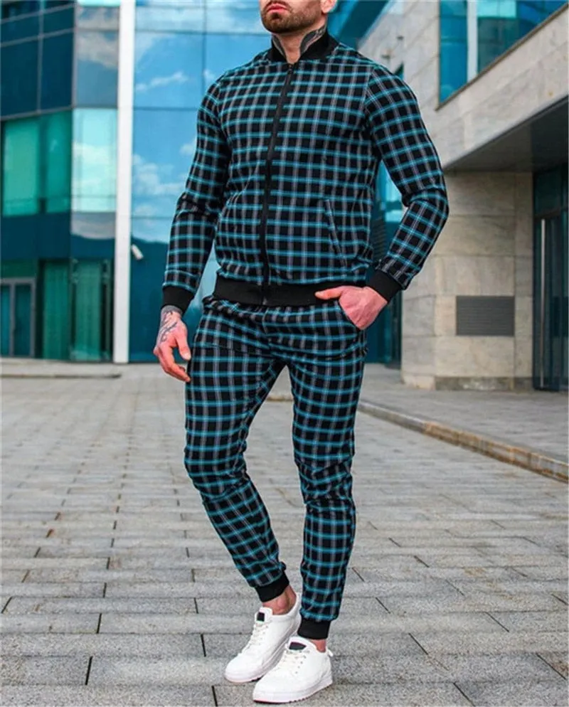3d colorful plaid men sport zipper tracksuit set