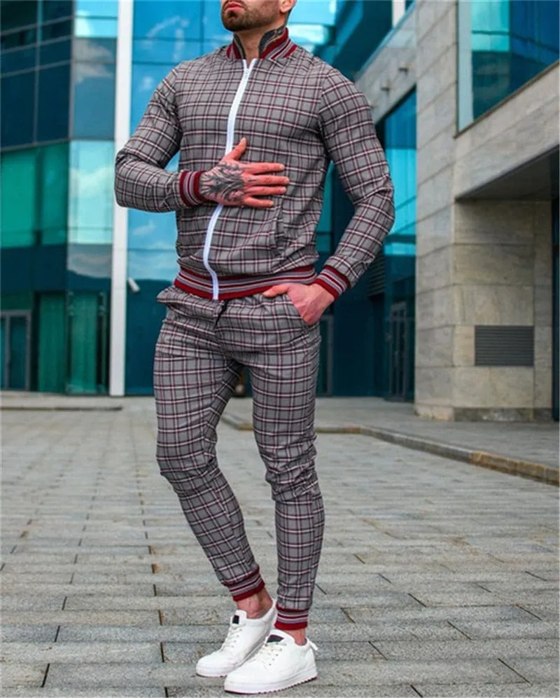 3d colorful plaid men sport zipper tracksuit set