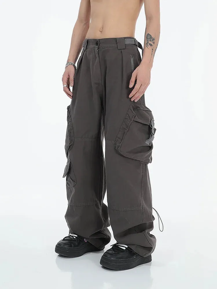 Aidase American Street Fashion Big Pocket Overalls Trousers Loose Casual Design Straight Wide Leg Trousers Mens Clothing Pants