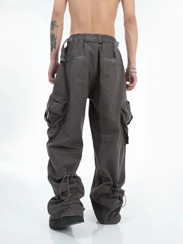Aidase American Street Fashion Big Pocket Overalls Trousers Loose Casual Design Straight Wide Leg Trousers Mens Clothing Pants