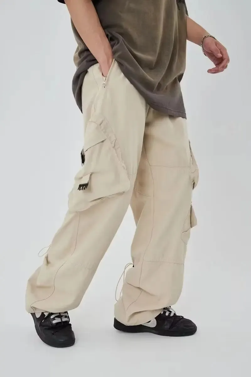 Aidase American Street Fashion Big Pocket Overalls Trousers Loose Casual Design Straight Wide Leg Trousers Mens Clothing Pants