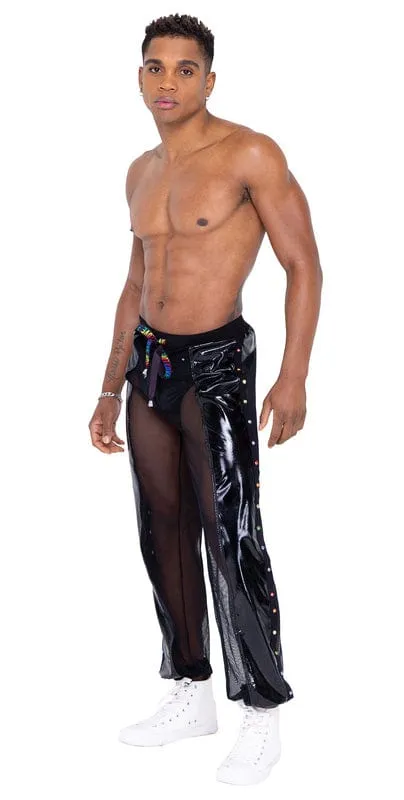 Black Men’s Pride Vinyl Mesh w/ Rainbow Studs & LOVE Logo Drawstring Joggers (White Also Available)