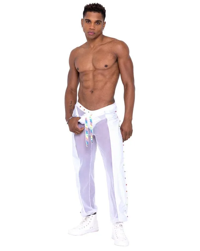 Black Men’s Pride Vinyl Mesh w/ Rainbow Studs & LOVE Logo Drawstring Joggers (White Also Available)