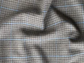 Black, White & Sky Blue Glen Plaid Stretch Wool Flannel (Made in Italy)