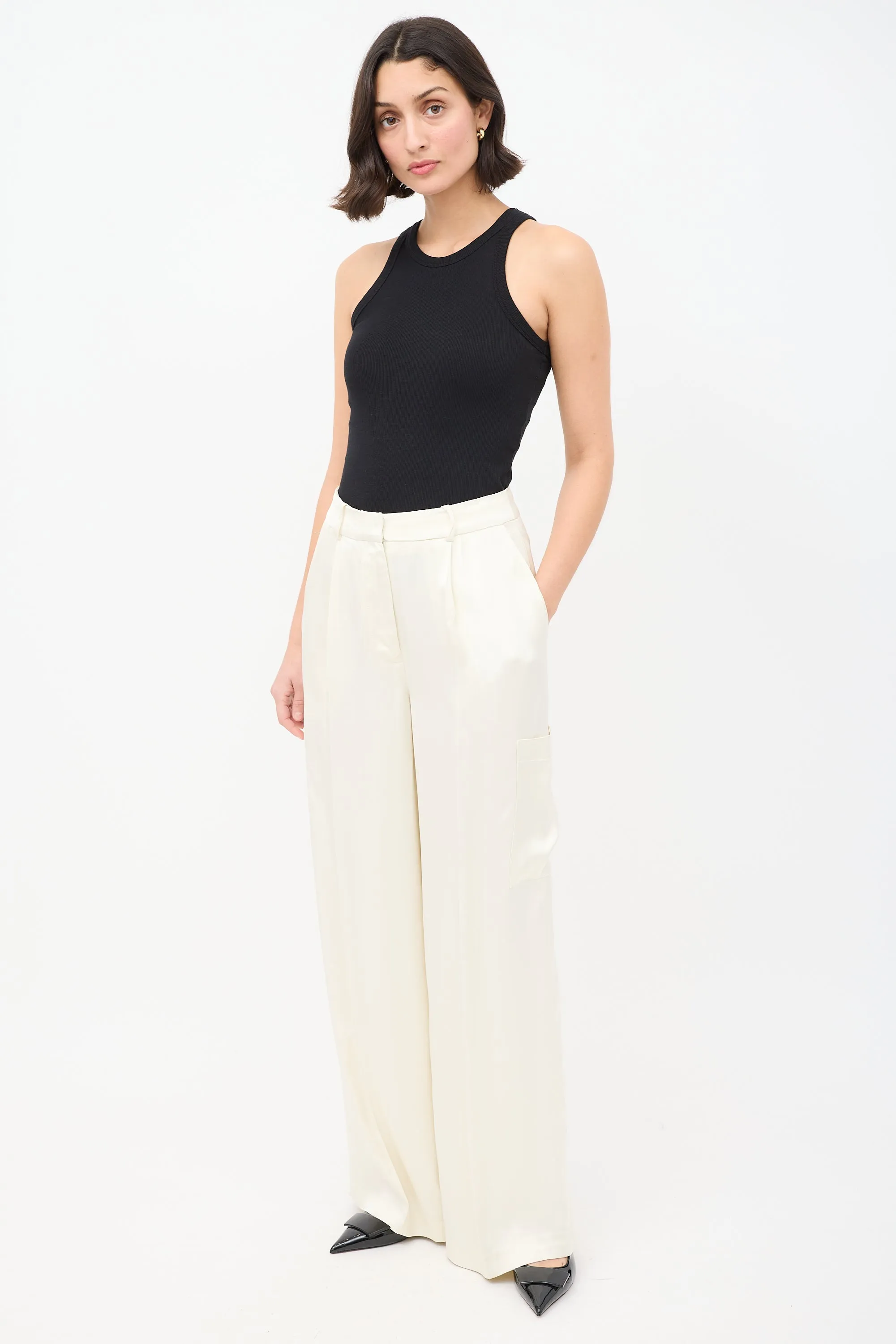 Cream Satin Carmel Wide Leg Cargo Trouser
