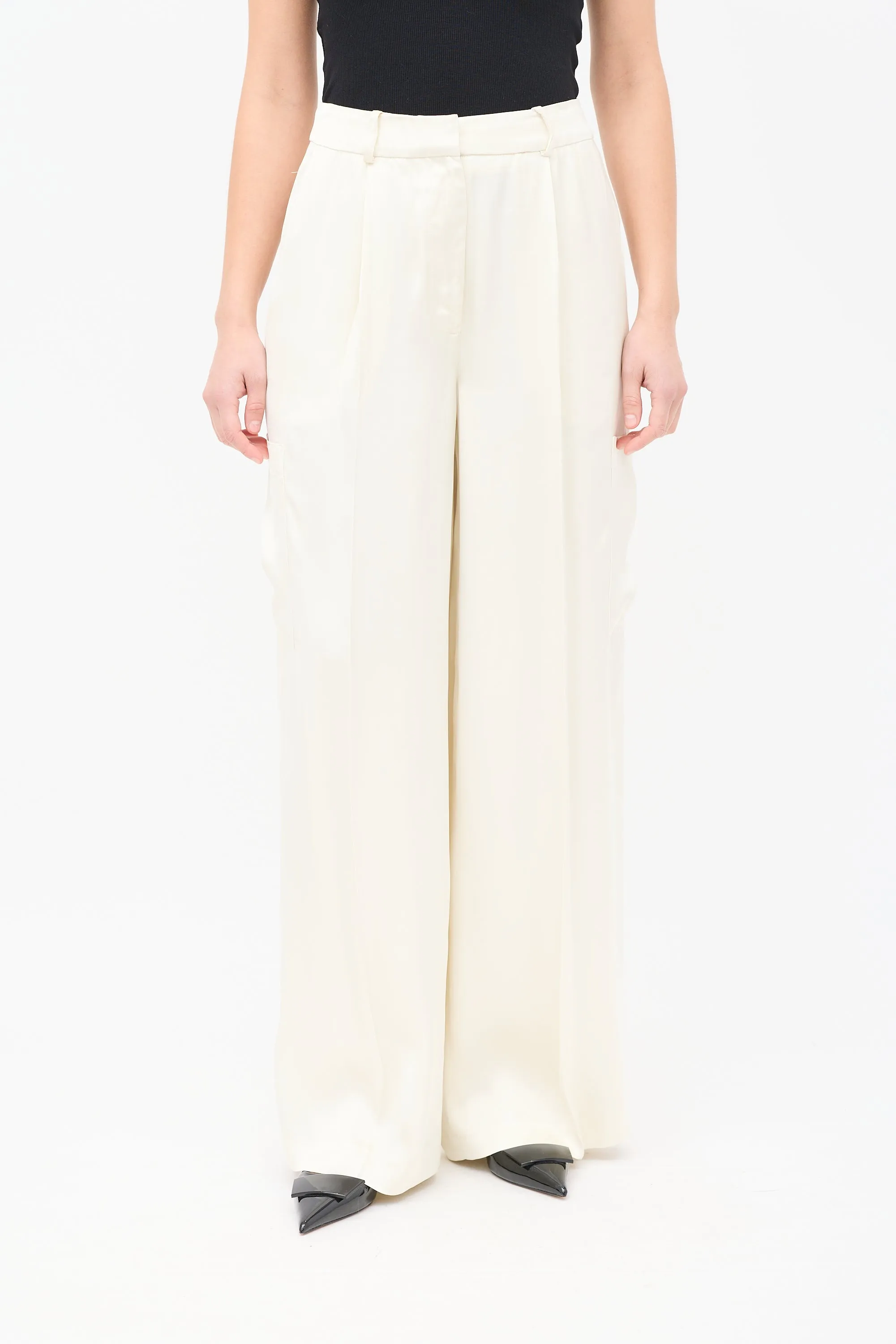Cream Satin Carmel Wide Leg Cargo Trouser