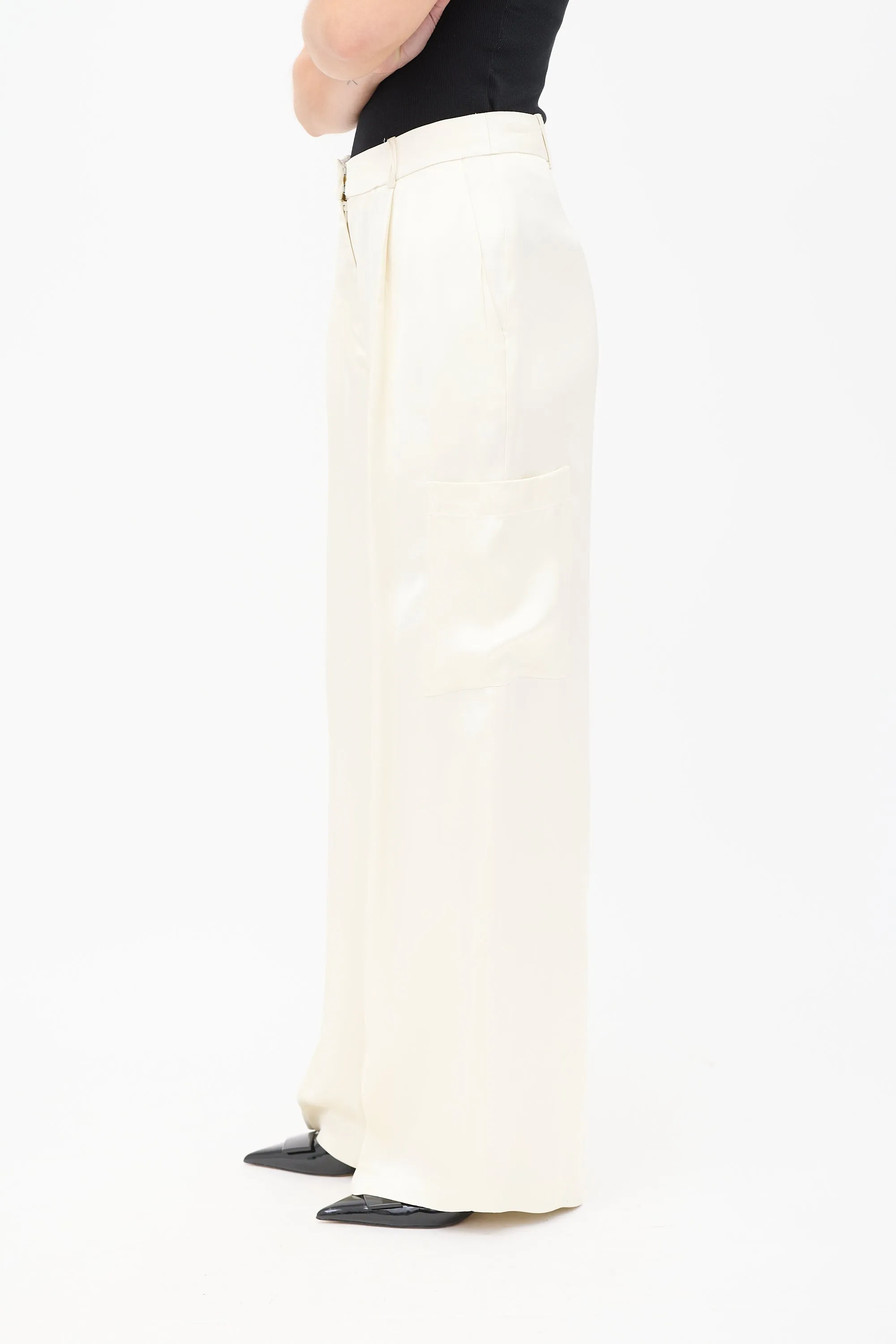 Cream Satin Carmel Wide Leg Cargo Trouser