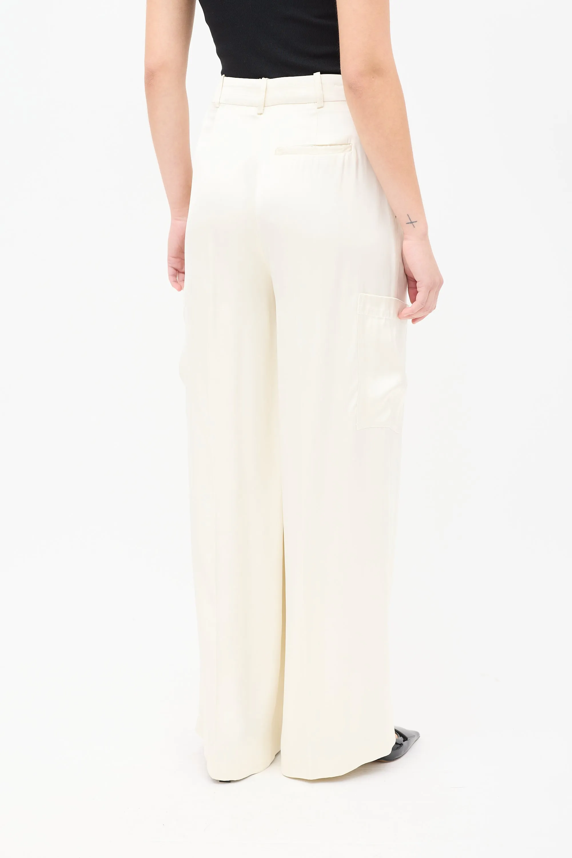 Cream Satin Carmel Wide Leg Cargo Trouser