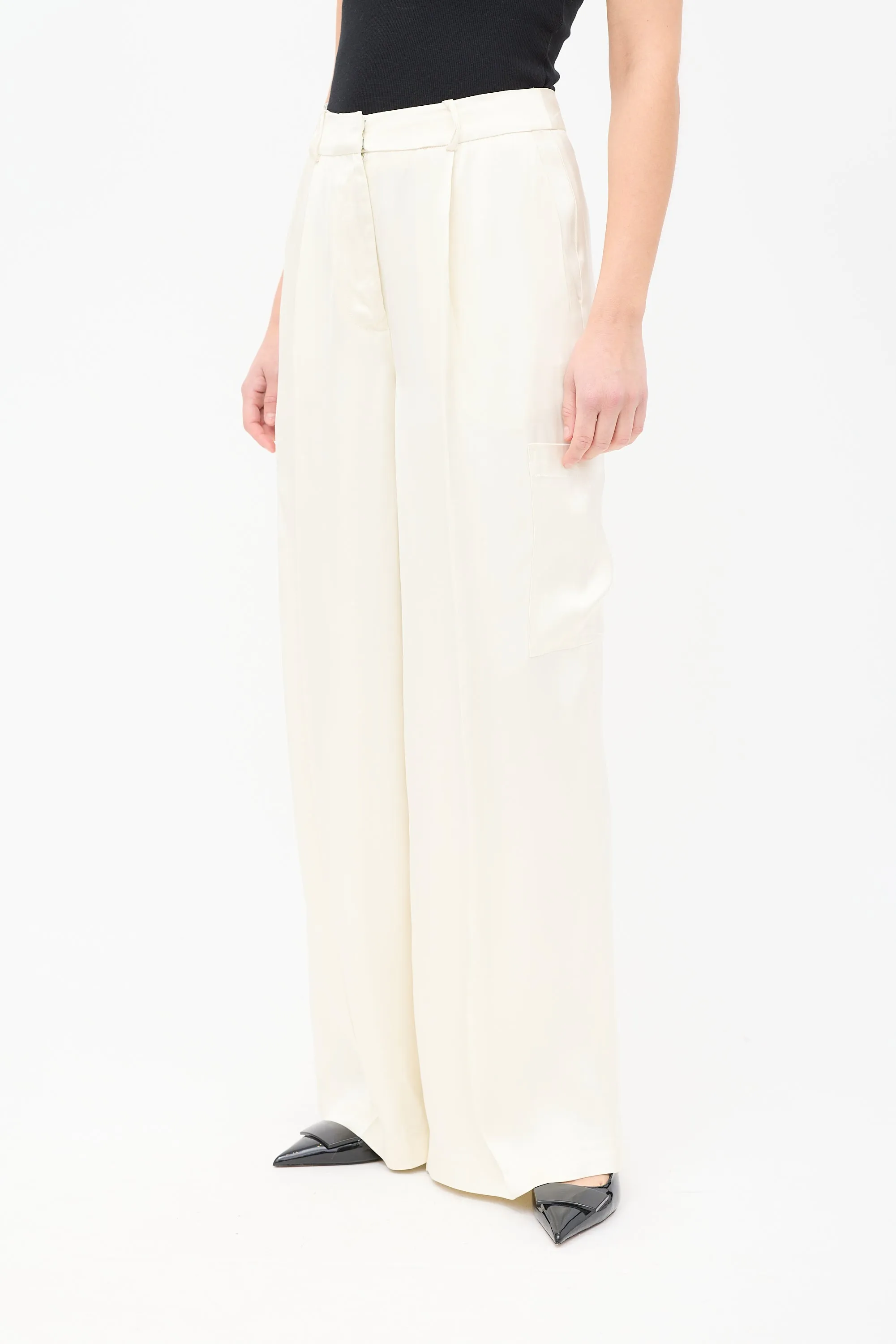 Cream Satin Carmel Wide Leg Cargo Trouser