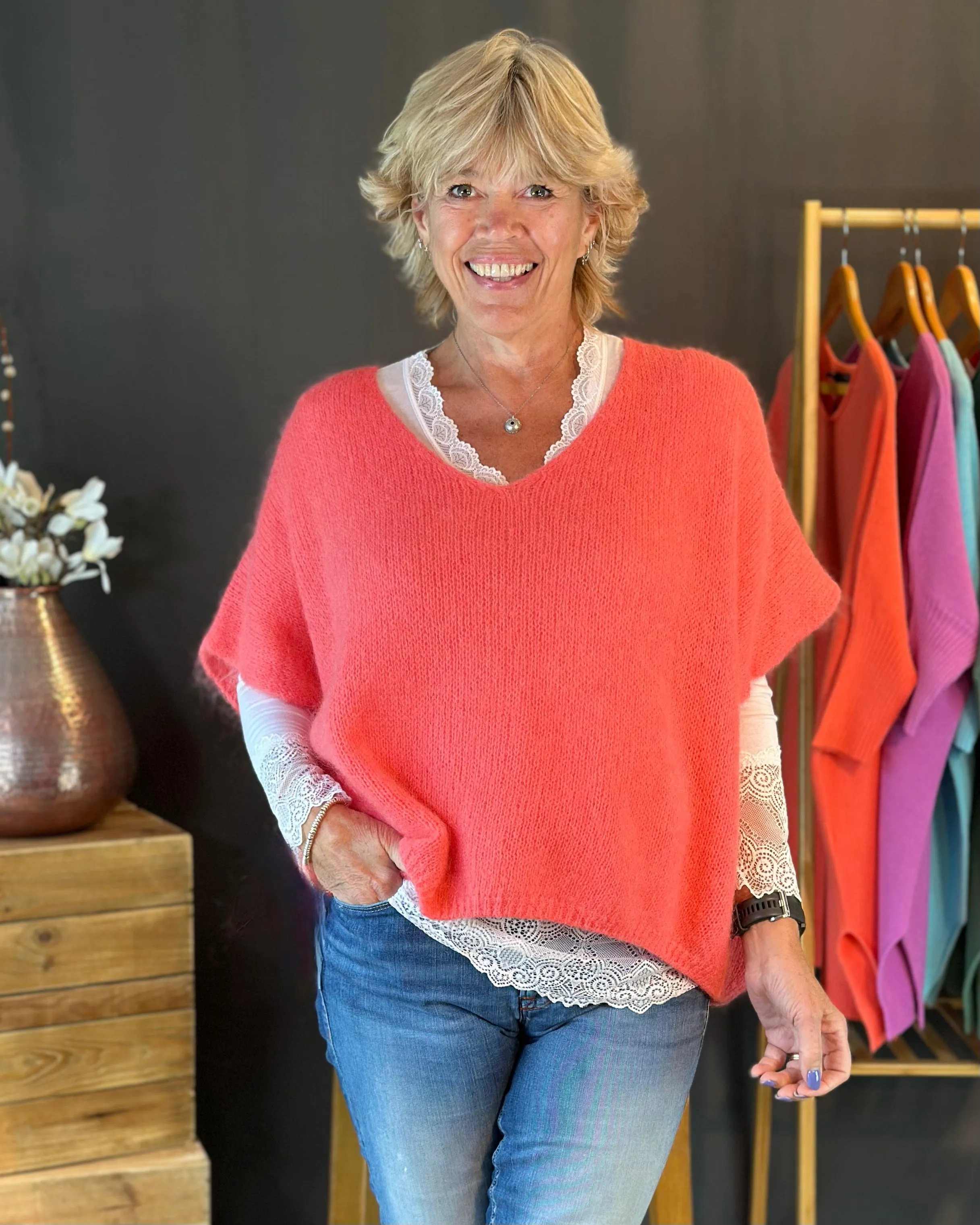 Drop Shoulder Mohair Tank Top - Coral