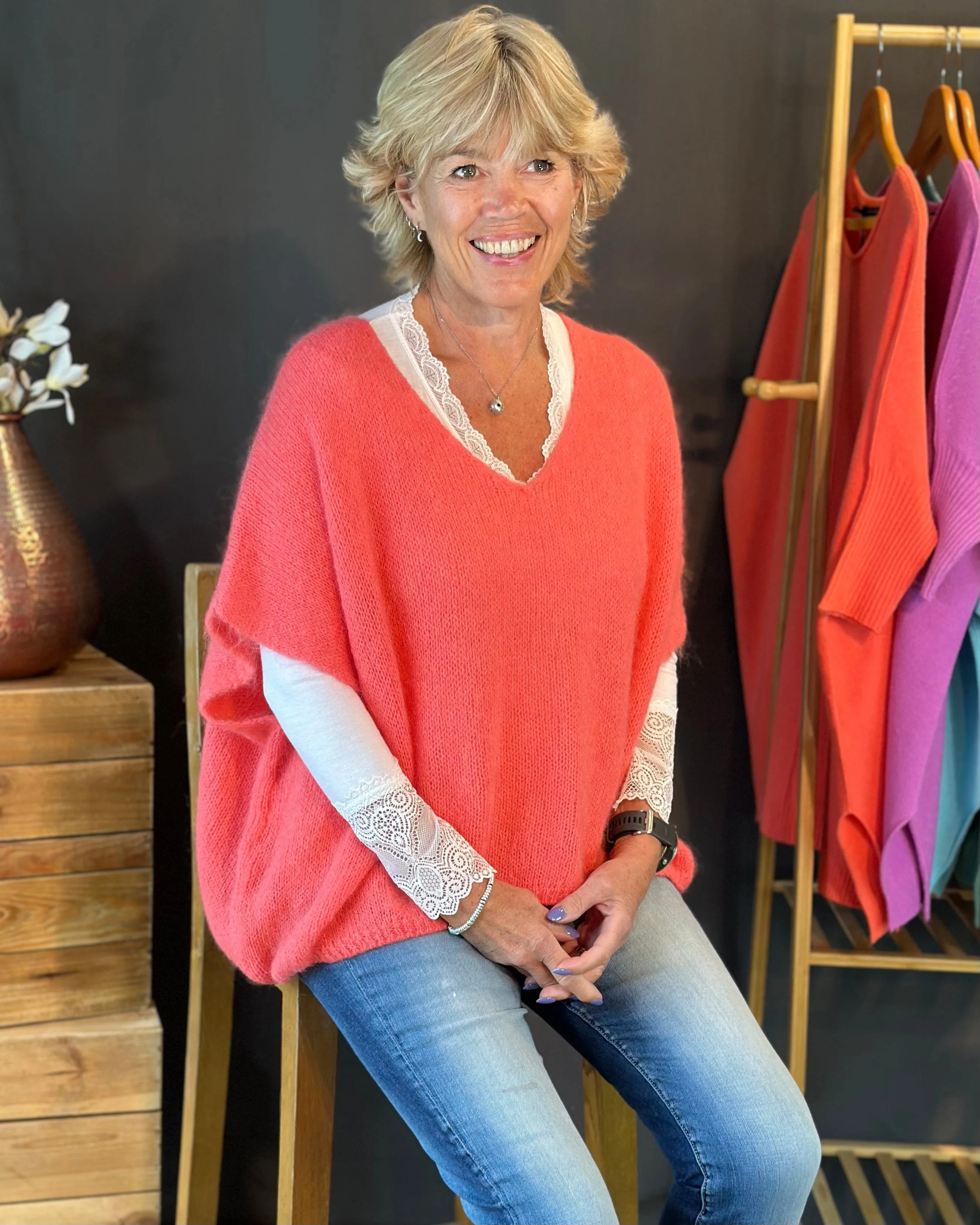 Drop Shoulder Mohair Tank Top - Coral