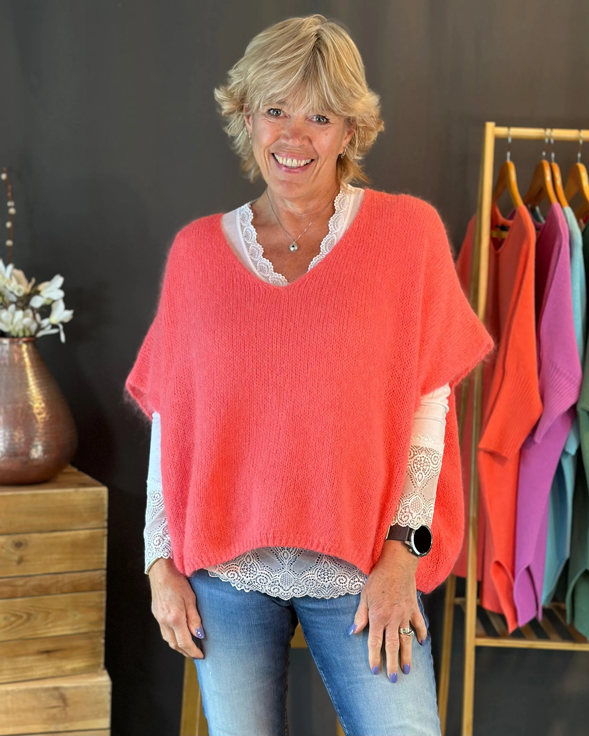 Drop Shoulder Mohair Tank Top - Coral