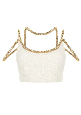 Gold Thread Embroidered Tweed Crop Top