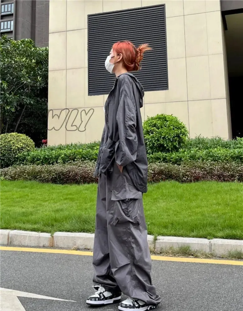 Hnewly Oversize Pocket Cargo Pants Women Wide Leg Pants Loose Casual Pants Y2K Parachute Pants Women Hippie Streetwear Drawstring