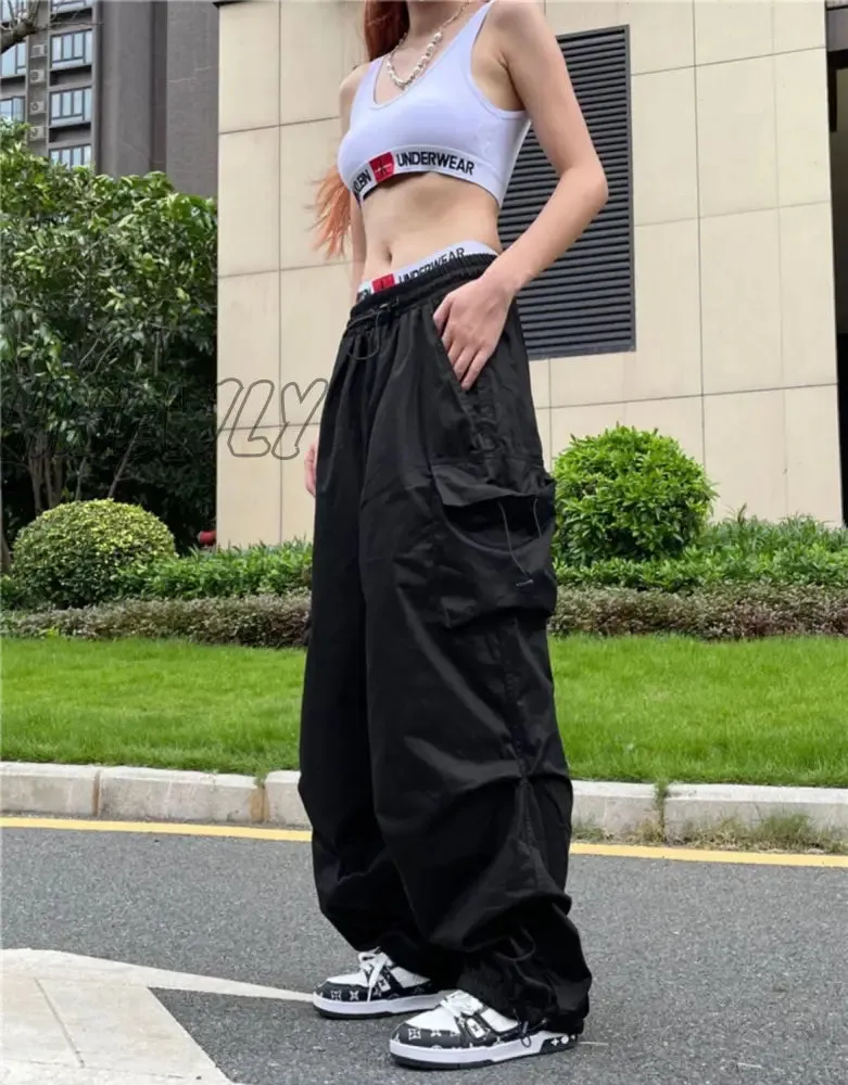 Hnewly Oversize Pocket Cargo Pants Women Wide Leg Pants Loose Casual Pants Y2K Parachute Pants Women Hippie Streetwear Drawstring