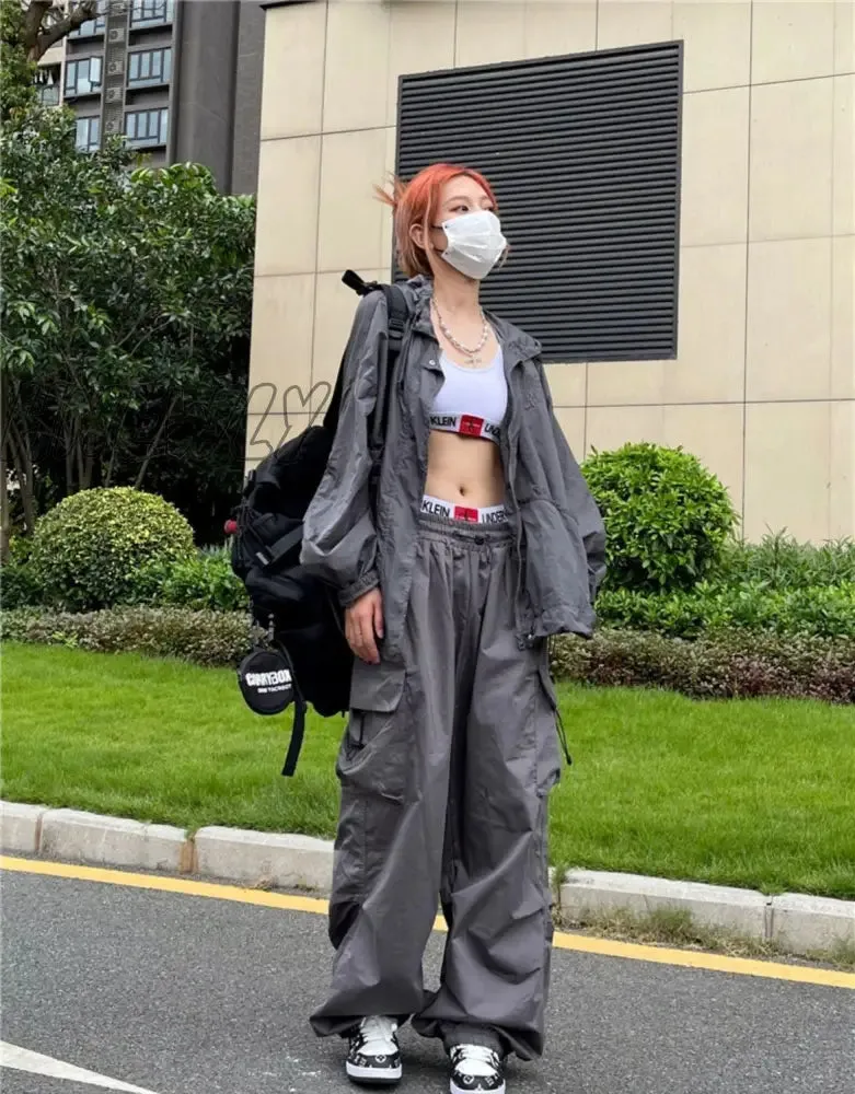 Hnewly Oversize Pocket Cargo Pants Women Wide Leg Pants Loose Casual Pants Y2K Parachute Pants Women Hippie Streetwear Drawstring