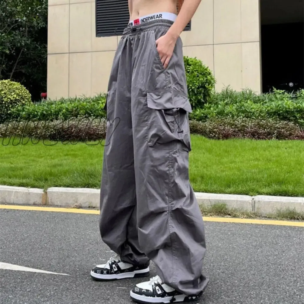 Hnewly Oversize Pocket Cargo Pants Women Wide Leg Pants Loose Casual Pants Y2K Parachute Pants Women Hippie Streetwear Drawstring