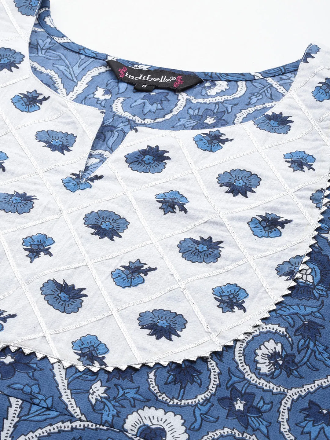 Indibelle Cotton Floral Print Straight Kurta Set (Blue)