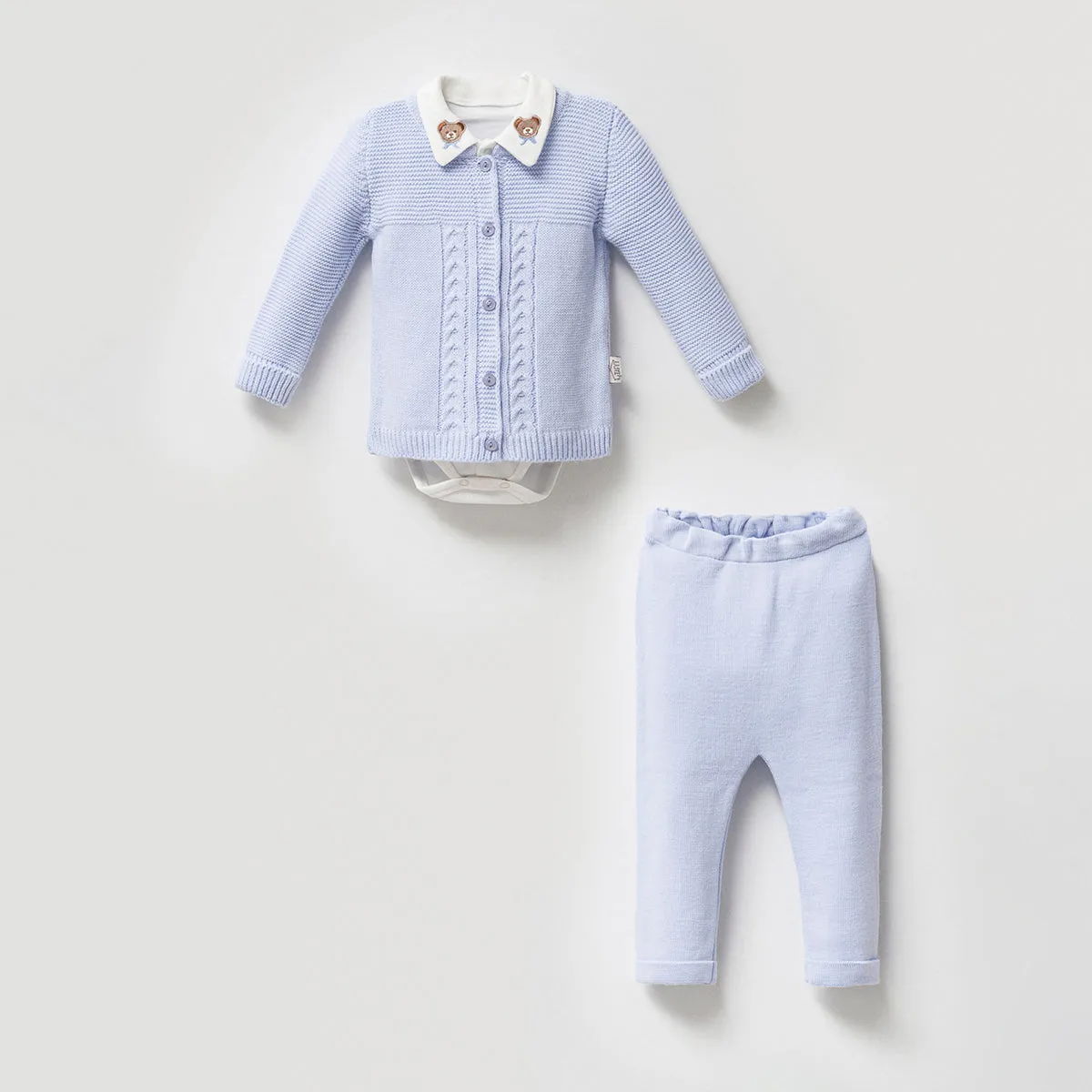 Knitted blue baby boy 3 piece bear set.
