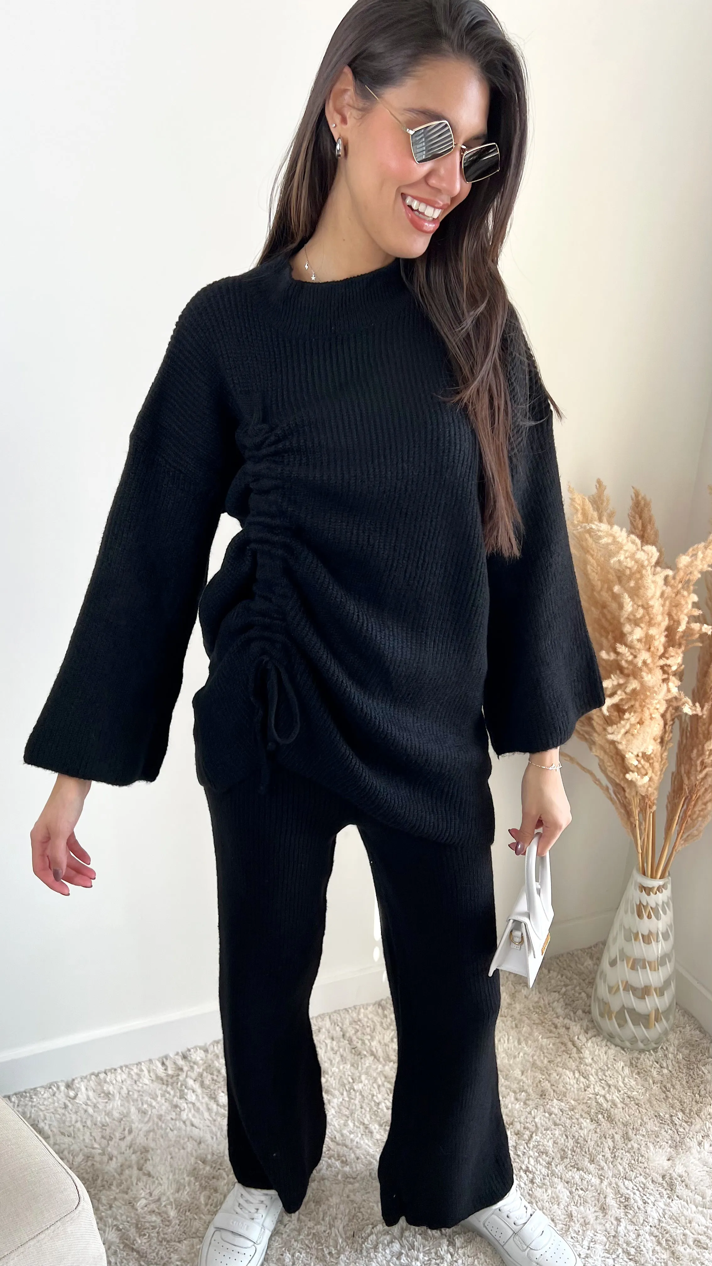 Knitted Co Ord set with Lacing Jumper and wide leg trousers in Black