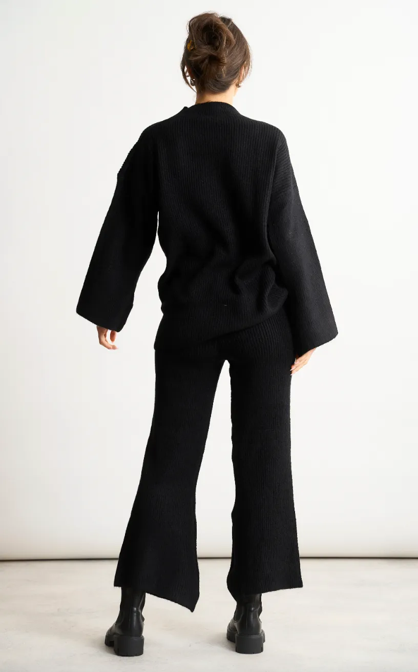 Knitted Co Ord set with Lacing Jumper and wide leg trousers in Black