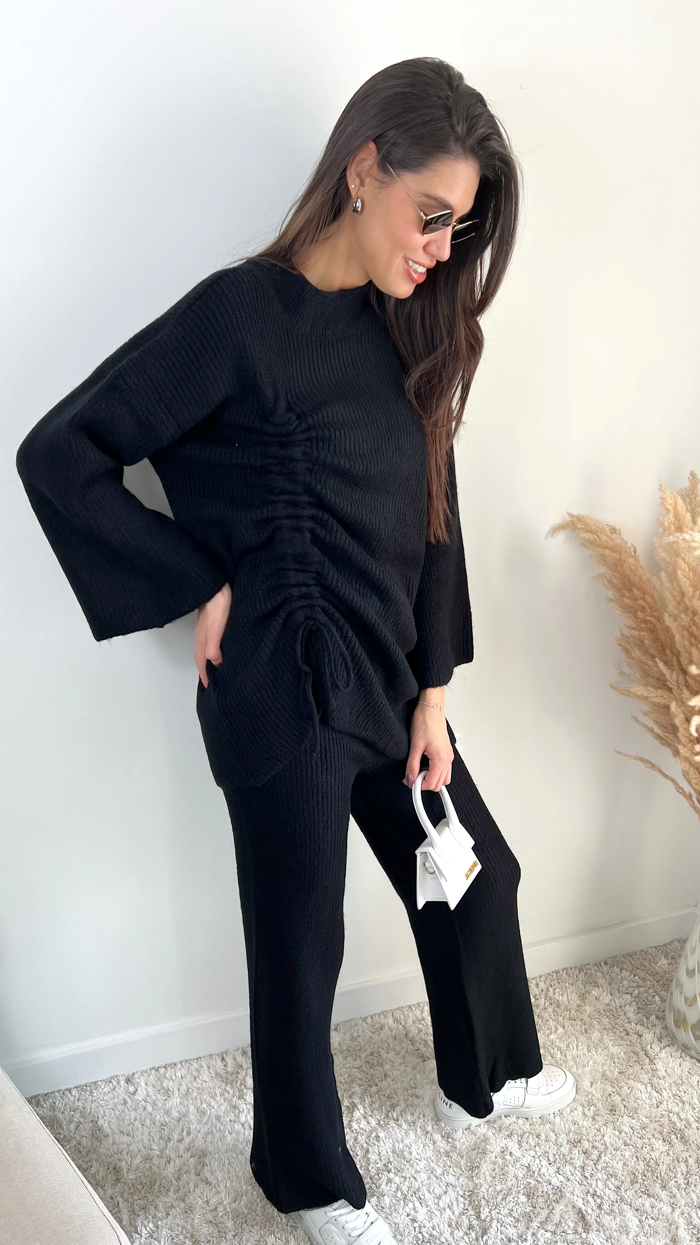 Knitted Co Ord set with Lacing Jumper and wide leg trousers in Black