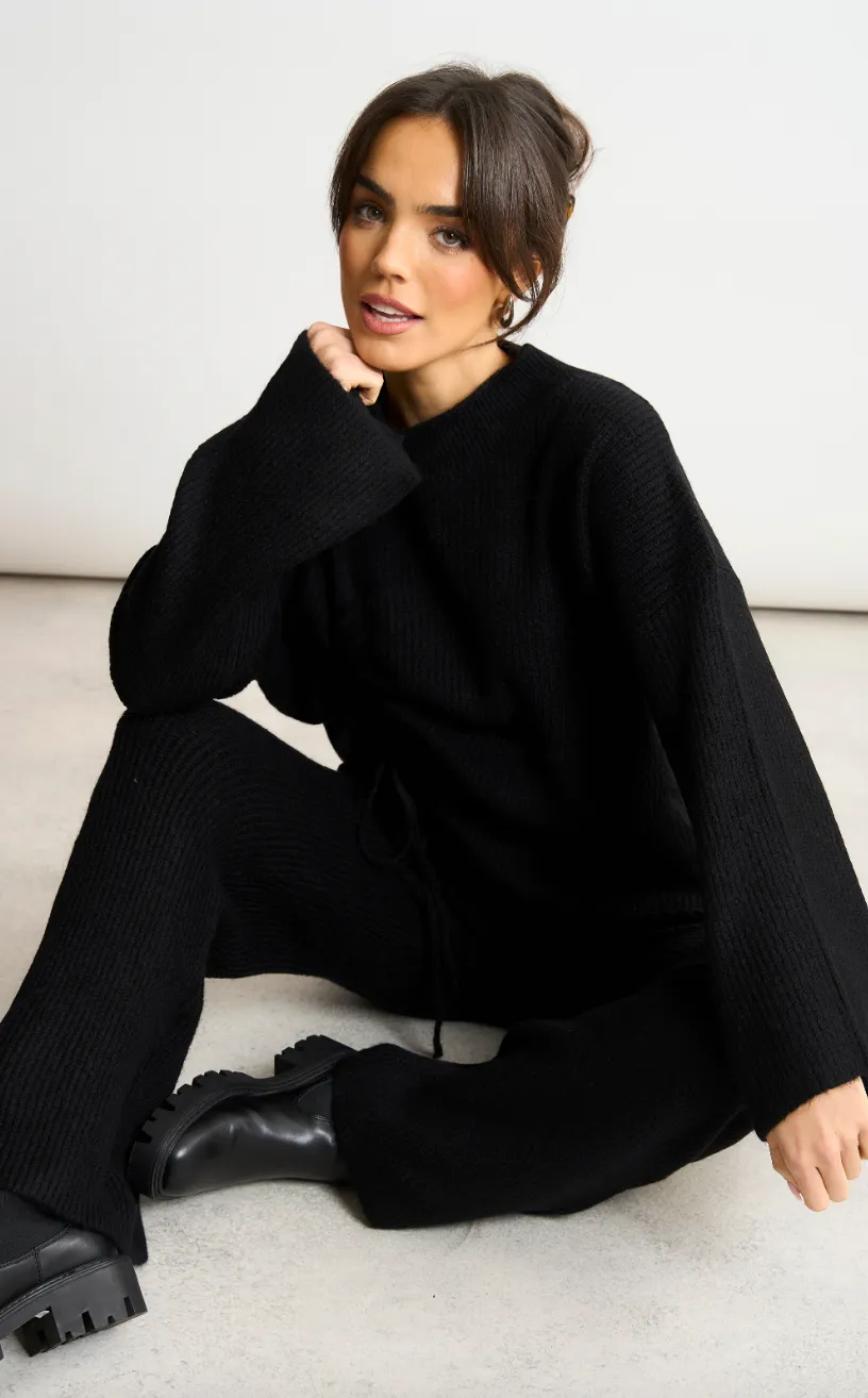 Knitted Co Ord set with Lacing Jumper and wide leg trousers in Black