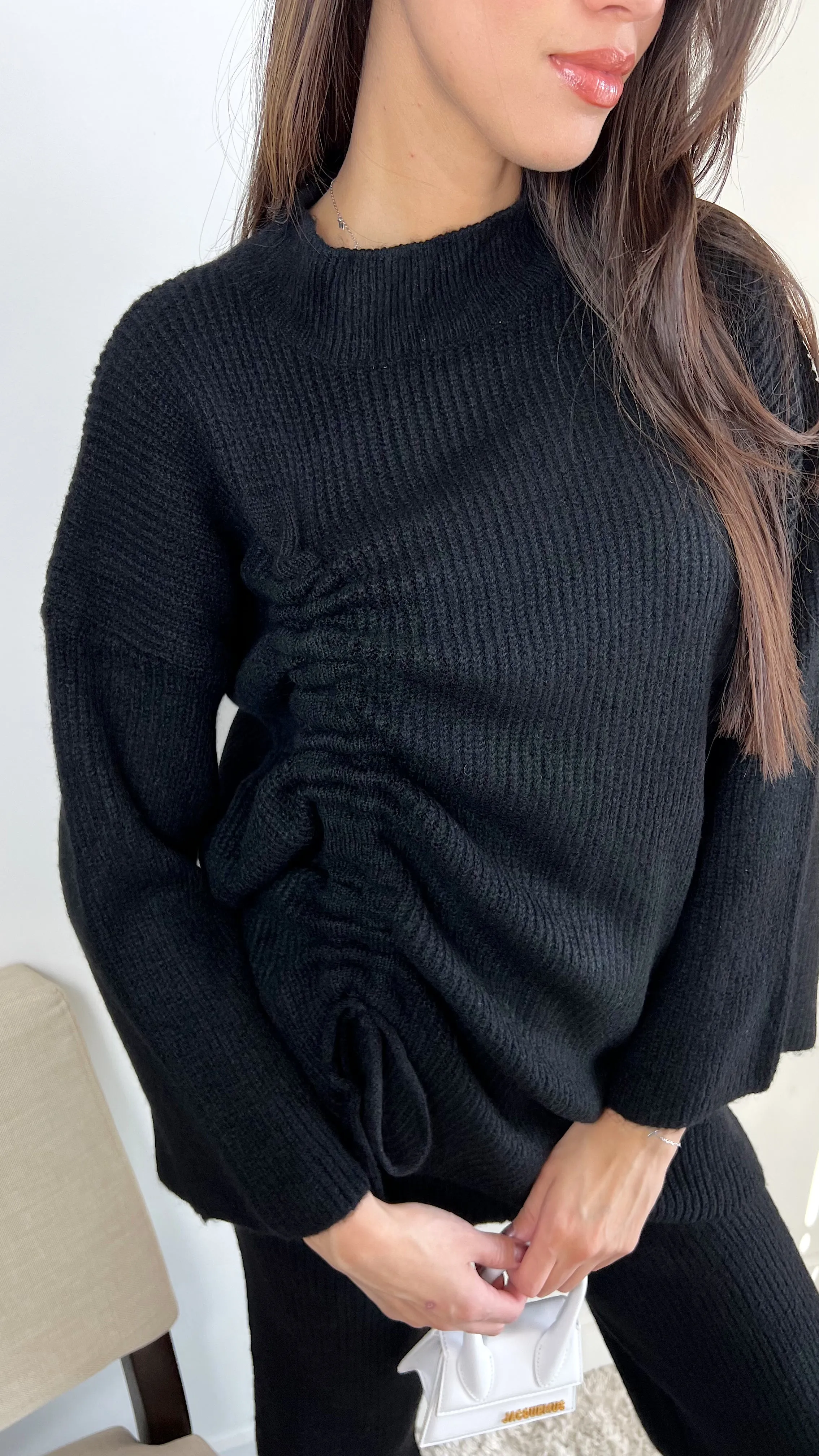 Knitted Co Ord set with Lacing Jumper and wide leg trousers in Black