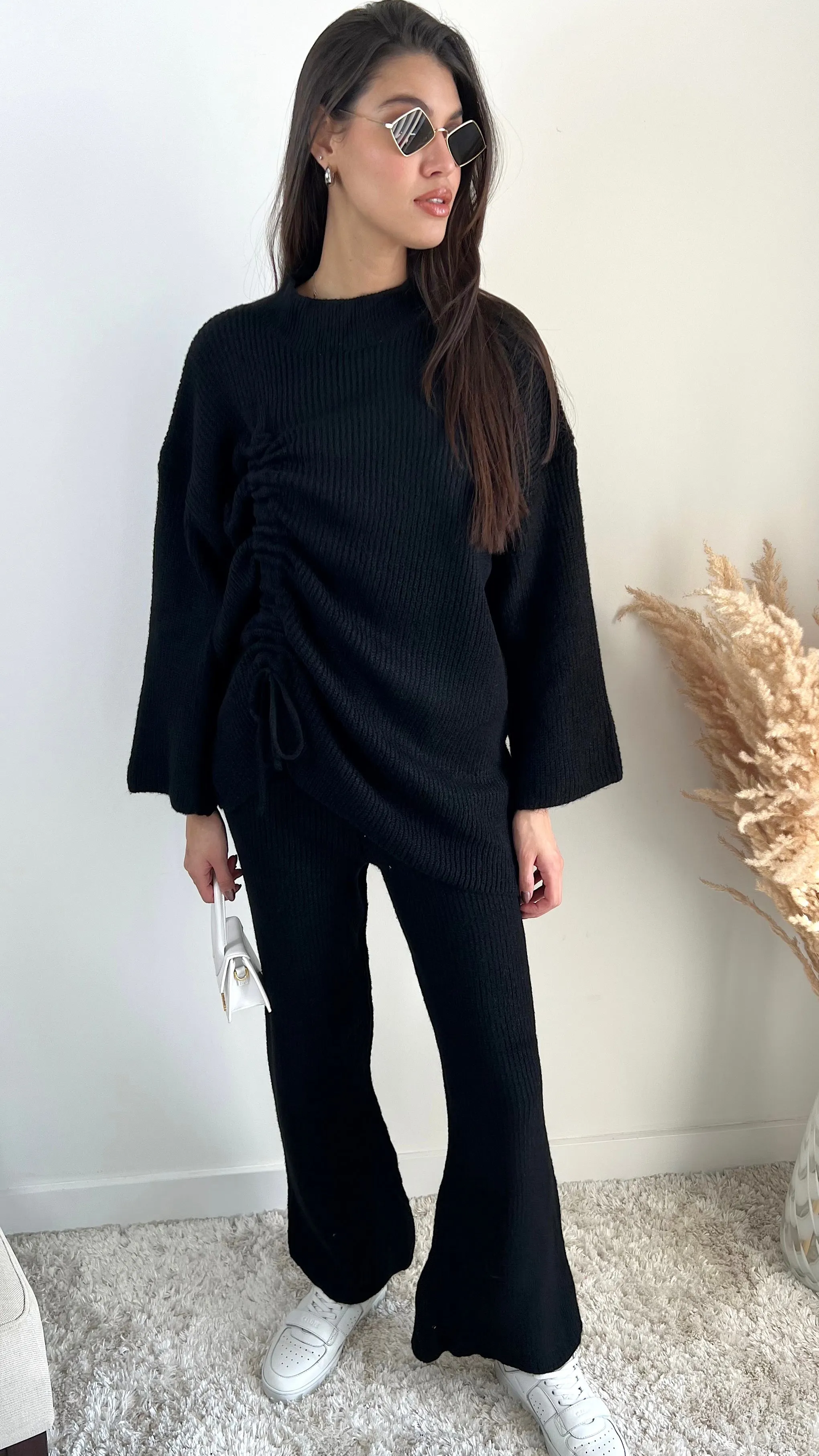 Knitted Co Ord set with Lacing Jumper and wide leg trousers in Black