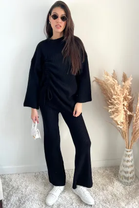 Knitted Co Ord set with Lacing Jumper and wide leg trousers in Black