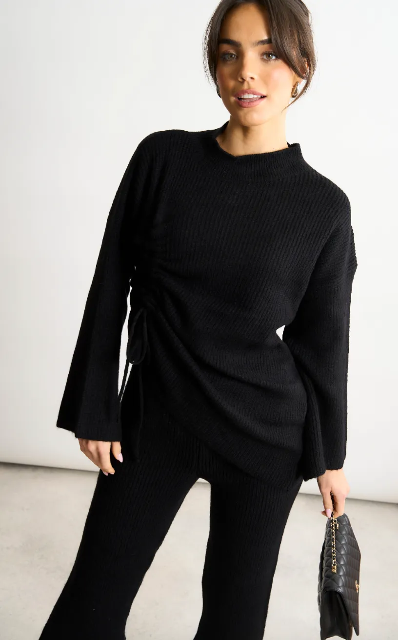 Knitted Co Ord set with Lacing Jumper and wide leg trousers in Black