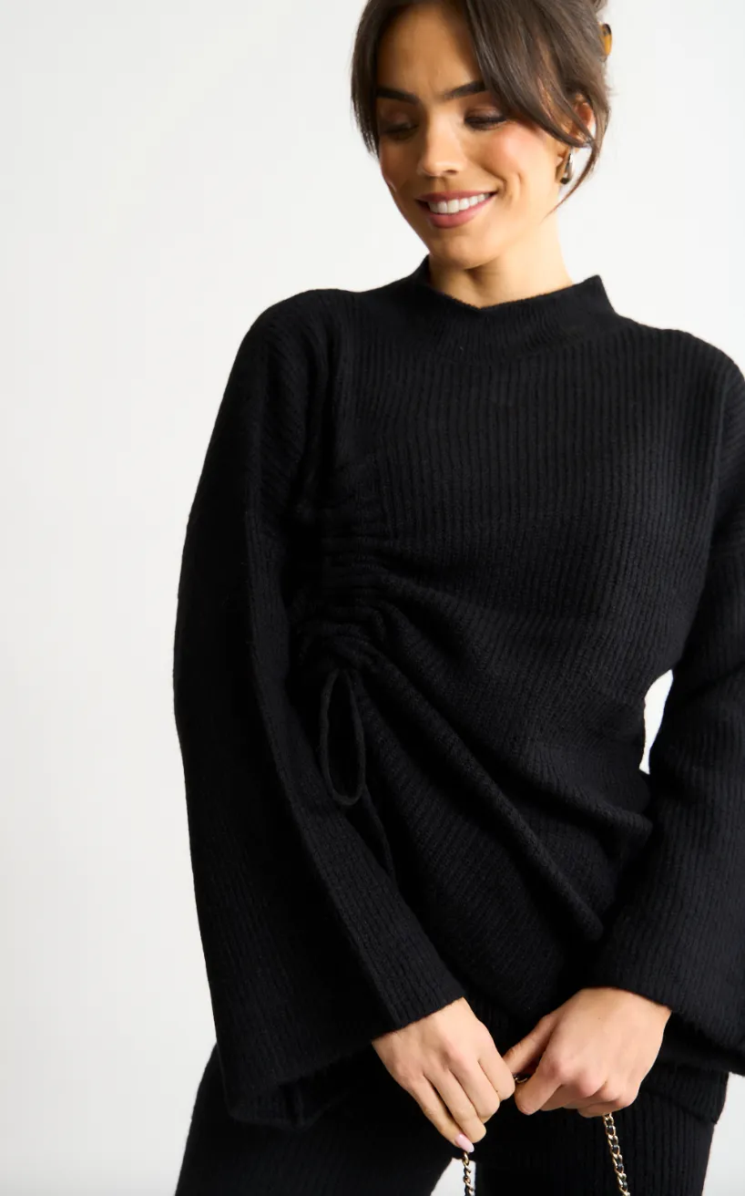 Knitted Co Ord set with Lacing Jumper and wide leg trousers in Black