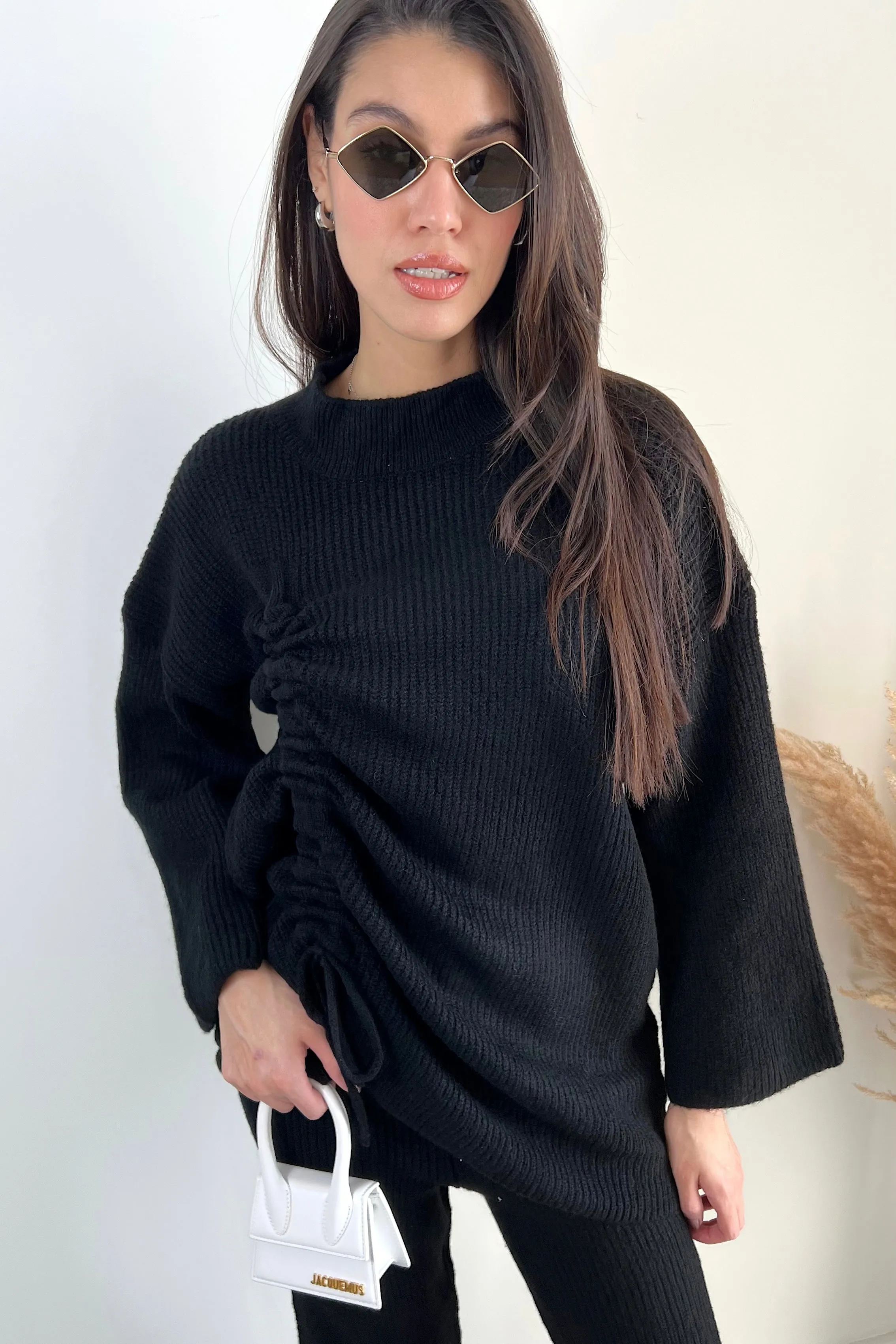 Knitted Co Ord set with Lacing Jumper and wide leg trousers in Black